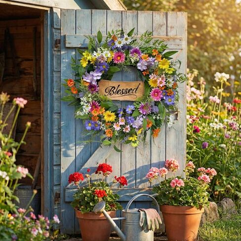 22 Inch Spring Summer Blessed Wildflower Wreath for Front Door Wall | White and Yellow Daisies, Lavender Spikes and Purple Thistle-Style Accents for Spring Summer Decor in Saudi Arabia