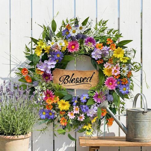 22 Inch Spring Summer Blessed Wildflower Wreath for Front Door Wall | White and Yellow Daisies, Lavender Spikes and Purple Thistle-Style Accents for Spring Summer Decor in Saudi Arabia