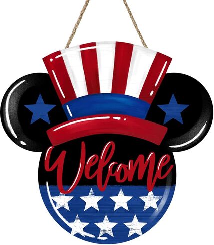 Deroro Welcome 4th of July America Patriotic Sign for Front Door Decor, American Stars Stripes Wood Hanger for Outdoor Outside Porch, USA Memorial Day Door Wreath Indoor Wall Hanging Decoration in Kuwait