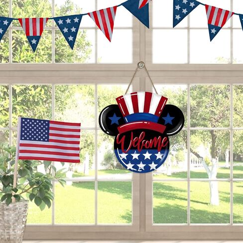 Deroro Welcome 4th of July America Patriotic Sign for Front Door Decor, American Stars Stripes Wood Hanger for Outdoor Outside Porch, USA Memorial Day Door Wreath Indoor Wall Hanging Decoration in Kuwait