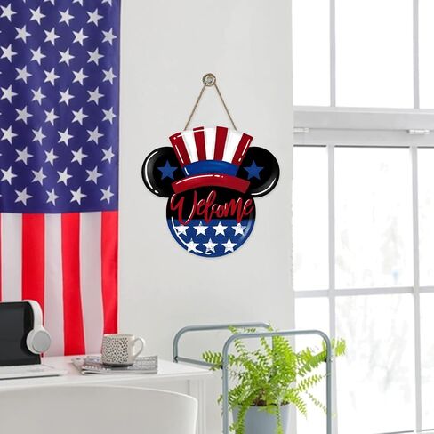 Deroro Welcome 4th of July America Patriotic Sign for Front Door Decor, American Stars Stripes Wood Hanger for Outdoor Outside Porch, USA Memorial Day Door Wreath Indoor Wall Hanging Decoration in Kuwait