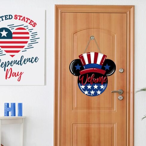Deroro Welcome 4th of July America Patriotic Sign for Front Door Decor, American Stars Stripes Wood Hanger for Outdoor Outside Porch, USA Memorial Day Door Wreath Indoor Wall Hanging Decoration in Kuwait