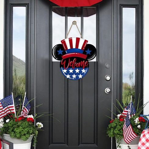 Deroro Welcome 4th of July America Patriotic Sign for Front Door Decor, American Stars Stripes Wood Hanger for Outdoor Outside Porch, USA Memorial Day Door Wreath Indoor Wall Hanging Decoration in Kuwait