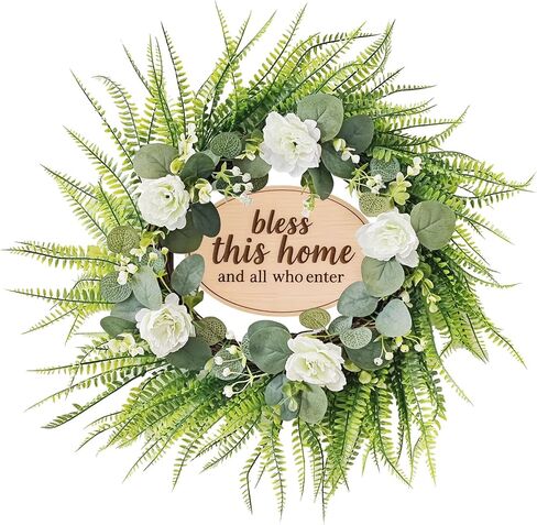 Green Eucalyptus Wreath with Flower and Welcome Sign, 20" Artificial Spring Summer Decorations for Front Door Wall Window Farmhouse Porch Patio Garden Decor in Saudi Arabia