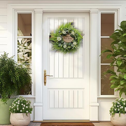 Green Eucalyptus Wreath with Flower and Welcome Sign, 20" Artificial Spring Summer Decorations for Front Door Wall Window Farmhouse Porch Patio Garden Decor in Saudi Arabia