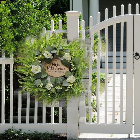 Green Eucalyptus Wreath with Flower and Welcome Sign, 20" Artificial Spring Summer Decorations for Front Door Wall Window Farmhouse Porch Patio Garden Decor in Saudi Arabia