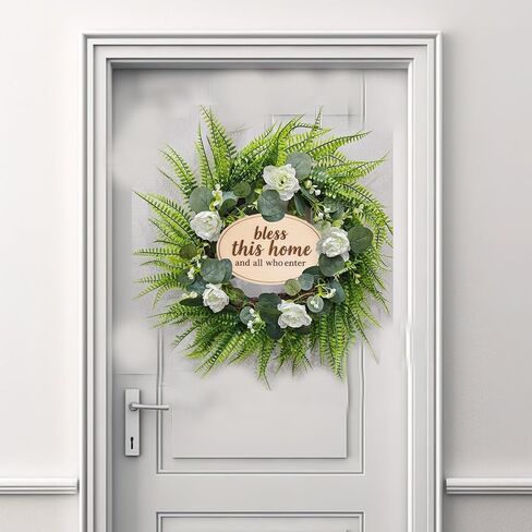 Green Eucalyptus Wreath with Flower and Welcome Sign, 20" Artificial Spring Summer Decorations for Front Door Wall Window Farmhouse Porch Patio Garden Decor in Saudi Arabia