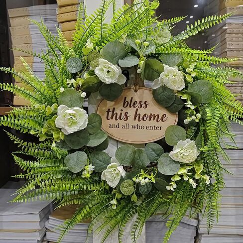 Green Eucalyptus Wreath with Flower and Welcome Sign, 20" Artificial Spring Summer Decorations for Front Door Wall Window Farmhouse Porch Patio Garden Decor in Saudi Arabia