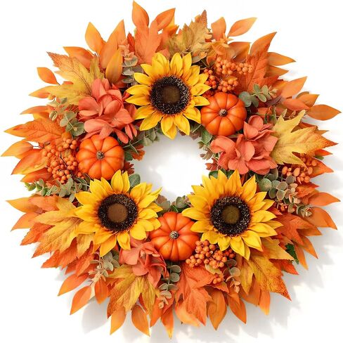 Fall Wreath 20 Inch Fall Wreaths for Front Door with Orange Pumpkins Sunflower Berries Maple Leaf Autumn Wreath for Indoor Outdoor Thanksgiving Harvest Festival Celebrations in Saudi Arabia
