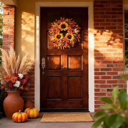 Fall Wreath 20 Inch Fall Wreaths for Front Door with Orange Pumpkins Sunflower Berries Maple Leaf Autumn Wreath for Indoor Outdoor Thanksgiving Harvest Festival Celebrations in Saudi Arabia