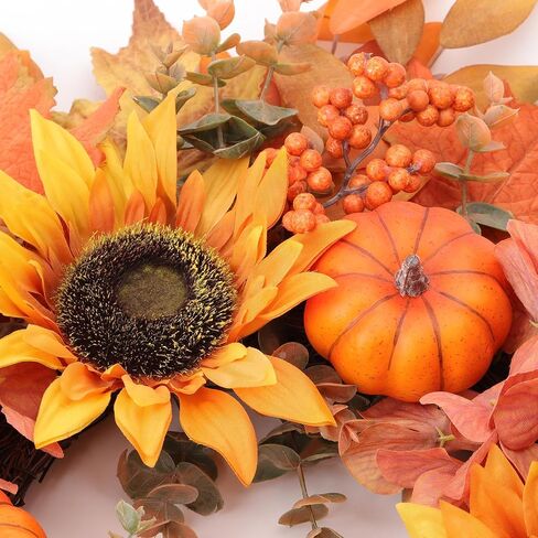 Fall Wreath 20 Inch Fall Wreaths for Front Door with Orange Pumpkins Sunflower Berries Maple Leaf Autumn Wreath for Indoor Outdoor Thanksgiving Harvest Festival Celebrations in Saudi Arabia
