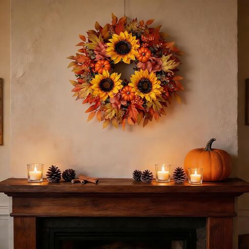 Fall Wreath 20 Inch Fall Wreaths for Front Door with Orange Pumpkins Sunflower Berries Maple Leaf Autumn Wreath for Indoor Outdoor Thanksgiving Harvest Festival Celebrations in Saudi Arabia