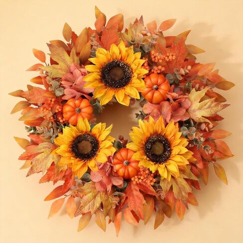 Fall Wreath 20 Inch Fall Wreaths for Front Door with Orange Pumpkins Sunflower Berries Maple Leaf Autumn Wreath for Indoor Outdoor Thanksgiving Harvest Festival Celebrations in Saudi Arabia