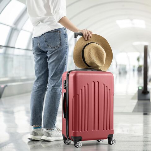 FCH Stylish Curved Vertical Stripe Luggage - 4-in-1 Convertible Trolley Case, 20" Hardside Spinner Suitcase with USB Port & TSA Lock for Business & Vacation - Retro Red in Saudi Arabia