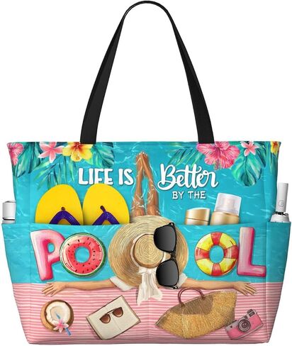 Large Waterproof Sandproof Beach Tote Bag for Women with Zipper & 7 Pockets, Lightweight Foldable Pool Swim Bag in Kuwait