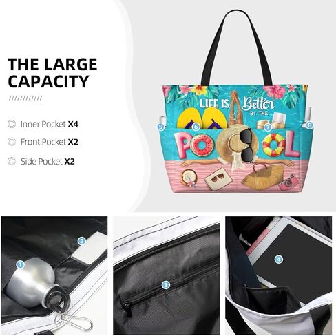 Large Waterproof Sandproof Beach Tote Bag for Women with Zipper & 7 Pockets, Lightweight Foldable Pool Swim Bag in Kuwait