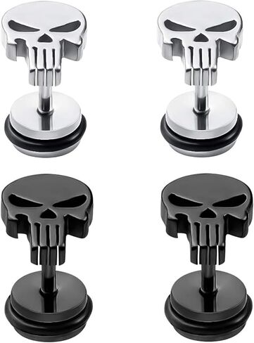 Gothic Skull Stud/Huggie/Clip-On Earrings | Silver Black Surgical Stainless Steel Earrings | Punk Rock Ear Piercing Skeleton Halloween Jewelry | Screw Back in Saudi Arabia