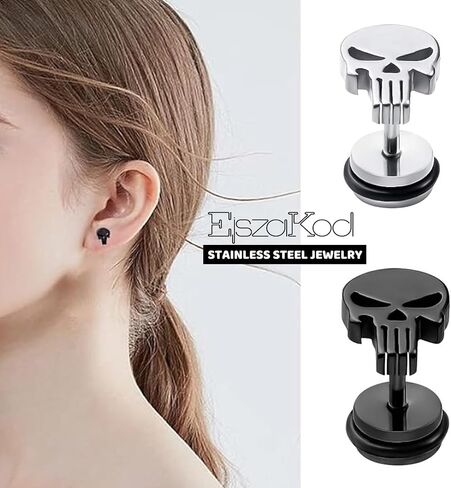 Gothic Skull Stud/Huggie/Clip-On Earrings | Silver Black Surgical Stainless Steel Earrings | Punk Rock Ear Piercing Skeleton Halloween Jewelry | Screw Back in Saudi Arabia