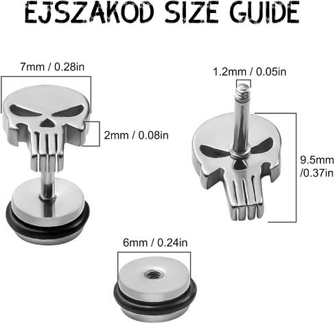 Gothic Skull Stud/Huggie/Clip-On Earrings | Silver Black Surgical Stainless Steel Earrings | Punk Rock Ear Piercing Skeleton Halloween Jewelry | Screw Back in Saudi Arabia