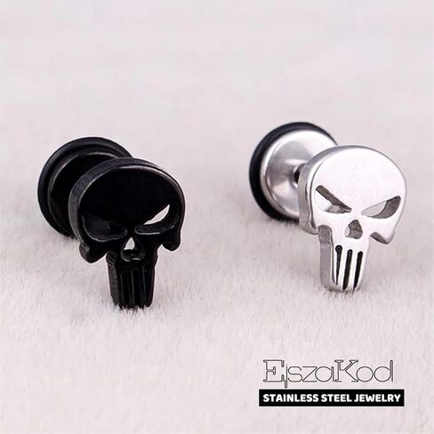 Gothic Skull Stud/Huggie/Clip-On Earrings | Silver Black Surgical Stainless Steel Earrings | Punk Rock Ear Piercing Skeleton Halloween Jewelry | Screw Back in Saudi Arabia