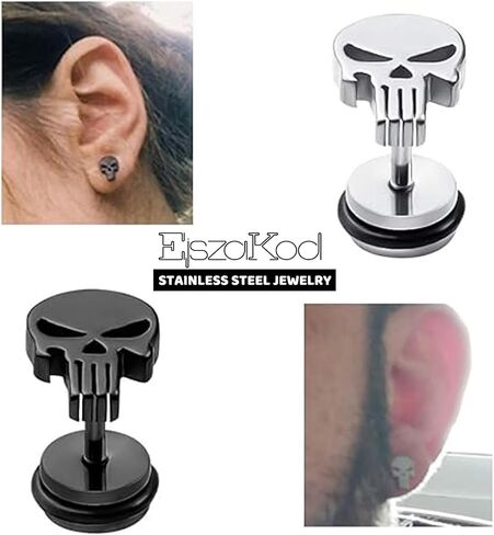 Gothic Skull Stud/Huggie/Clip-On Earrings | Silver Black Surgical Stainless Steel Earrings | Punk Rock Ear Piercing Skeleton Halloween Jewelry | Screw Back in Saudi Arabia