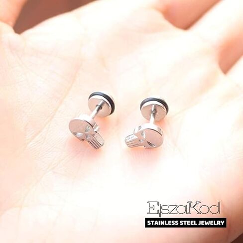 Gothic Skull Stud/Huggie/Clip-On Earrings | Silver Black Surgical Stainless Steel Earrings | Punk Rock Ear Piercing Skeleton Halloween Jewelry | Screw Back in Saudi Arabia
