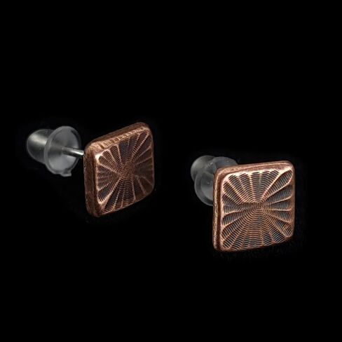 Copper Stud Earrings with Sterling Silver Posts, Square Petal Texture, Handmade Rustic Organic Jewelry, Minimalist Style. Silicone back. in Kuwait