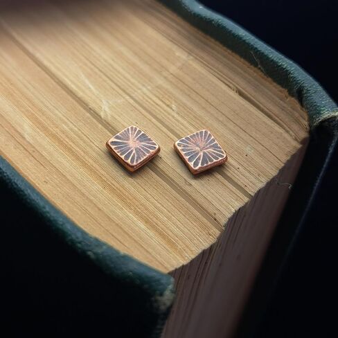 Copper Stud Earrings with Sterling Silver Posts, Square Petal Texture, Handmade Rustic Organic Jewelry, Minimalist Style. Silicone back. in Kuwait