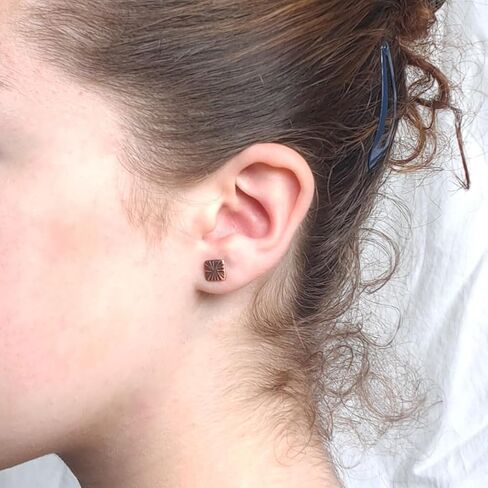 Copper Stud Earrings with Sterling Silver Posts, Square Petal Texture, Handmade Rustic Organic Jewelry, Minimalist Style. Silicone back. in Kuwait