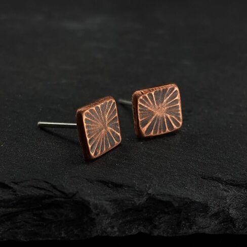 Copper Stud Earrings with Sterling Silver Posts, Square Petal Texture, Handmade Rustic Organic Jewelry, Minimalist Style. Silicone back. in Kuwait