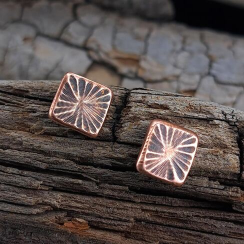 Copper Stud Earrings with Sterling Silver Posts, Square Petal Texture, Handmade Rustic Organic Jewelry, Minimalist Style. Silicone back. in Kuwait
