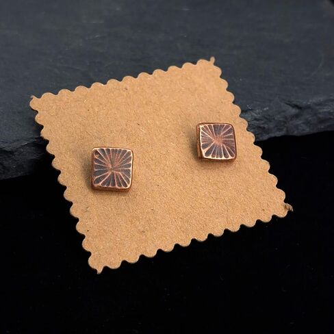 Copper Stud Earrings with Sterling Silver Posts, Square Petal Texture, Handmade Rustic Organic Jewelry, Minimalist Style. Silicone back. in Kuwait