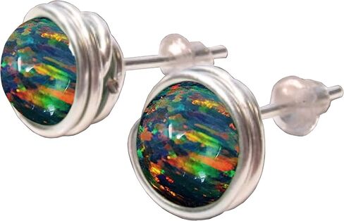 Black Fire Opal 6mm Post Earrings in Wire Wrapped Black Iron, Titanium, Steel, Sterling Silver,14K Rose Gold or 14k Gold Wire (Handmade), Birthstone Jewelry, Real Gemstone bead, October Birthstone in Kuwait