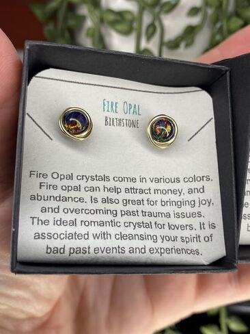Black Fire Opal 6mm Post Earrings in Wire Wrapped Black Iron, Titanium, Steel, Sterling Silver,14K Rose Gold or 14k Gold Wire (Handmade), Birthstone Jewelry, Real Gemstone bead, October Birthstone in Kuwait