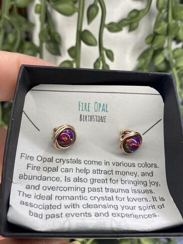 Black Fire Opal 6mm Post Earrings in Wire Wrapped Black Iron, Titanium, Steel, Sterling Silver,14K Rose Gold or 14k Gold Wire (Handmade), Birthstone Jewelry, Real Gemstone bead, October Birthstone in Kuwait