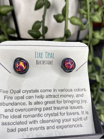 Black Fire Opal 6mm Post Earrings in Wire Wrapped Black Iron, Titanium, Steel, Sterling Silver,14K Rose Gold or 14k Gold Wire (Handmade), Birthstone Jewelry, Real Gemstone bead, October Birthstone in Kuwait