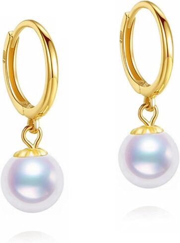 Japanese akoya Pearl Drop Earrings, 18K solid Gold Hoop Design with akoya Cultured Pearls, Dangle Style in size 7.5-8; 8-8.5;8.5-9;9-9.5;9.5-10mm in Kuwait