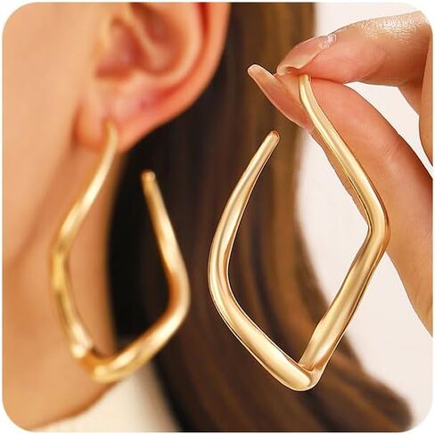 14K Gold Square Large Hoop Earrings for Women Unique Twisted Big Rectangle Drop Dangle Earring Trendy Oversized Bold Geometric Statement Jewelry in Kuwait