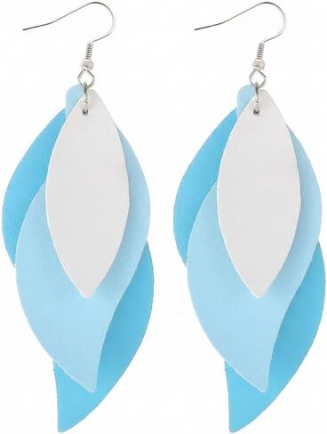 Layered Faux Leather Leaf Earrings for Women, Lightweight 3-Tier Teardrop Dangle Drop, Textured Boho Blue Brown Beige Pendant Jewelry for Western Party Gifts in Saudi Arabia