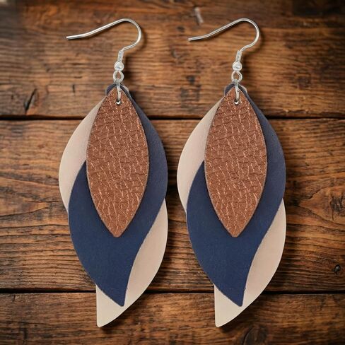 Layered Faux Leather Leaf Earrings for Women, Lightweight 3-Tier Teardrop Dangle Drop, Textured Boho Blue Brown Beige Pendant Jewelry for Western Party Gifts in Kuwait