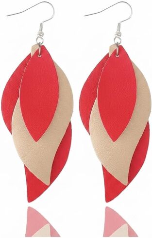 Layered Faux Leather Leaf Earrings for Women, Lightweight 3-Tier Teardrop Dangle Drop, Textured Boho Blue Brown Beige Pendant Jewelry for Western Party Gifts in Kuwait