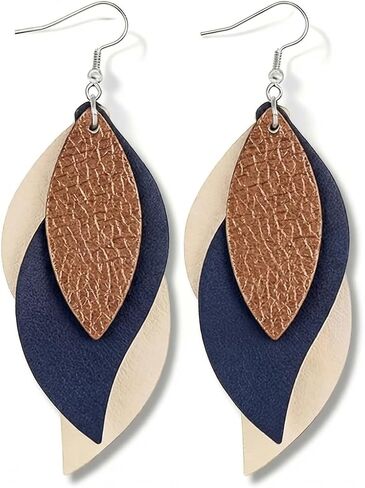 Layered Faux Leather Leaf Earrings for Women, Lightweight 3-Tier Teardrop Dangle Drop, Textured Boho Blue Brown Beige Pendant Jewelry for Western Party Gifts in Kuwait