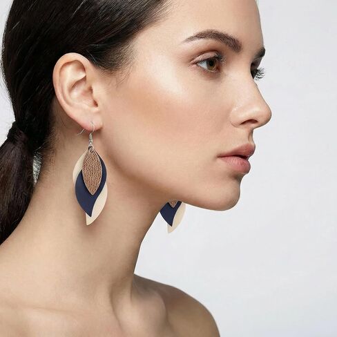 Layered Faux Leather Leaf Earrings for Women, Lightweight 3-Tier Teardrop Dangle Drop, Textured Boho Blue Brown Beige Pendant Jewelry for Western Party Gifts in Kuwait