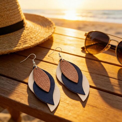 Layered Faux Leather Leaf Earrings for Women, Lightweight 3-Tier Teardrop Dangle Drop, Textured Boho Blue Brown Beige Pendant Jewelry for Western Party Gifts in Kuwait