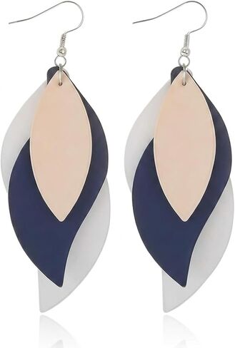 Layered Faux Leather Leaf Earrings for Women, Lightweight 3-Tier Teardrop Dangle Drop, Textured Boho Blue Brown Beige Pendant Jewelry for Western Party Gifts in Kuwait