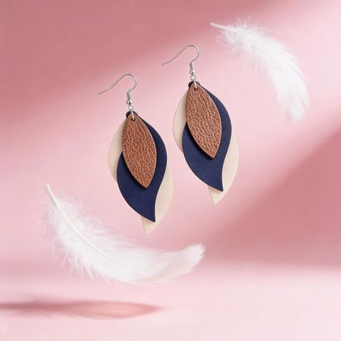 Layered Faux Leather Leaf Earrings for Women, Lightweight 3-Tier Teardrop Dangle Drop, Textured Boho Blue Brown Beige Pendant Jewelry for Western Party Gifts in Kuwait