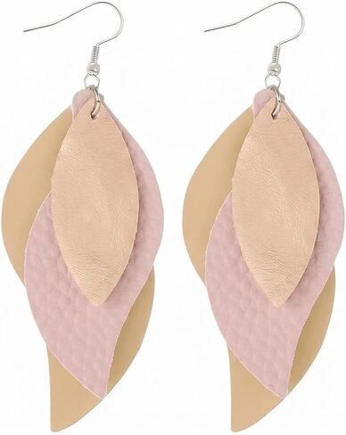 Layered Faux Leather Leaf Earrings for Women, Lightweight 3-Tier Teardrop Dangle Drop, Textured Boho Blue Brown Beige Pendant Jewelry for Western Party Gifts in Kuwait