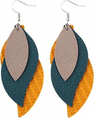 Layered Faux Leather Leaf Earrings for Women, Lightweight 3-Tier Teardrop Dangle Drop, Textured Boho Blue Brown Beige Pendant Jewelry for Western Party Gifts in Kuwait