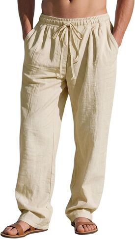 Men's Linen Pants Casual Loose Fit Cotton Trousers with Elastic Drawstring Waist Summer Beach Lightweight Pants in Saudi Arabia
