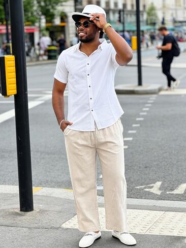 Men's Linen Pants Casual Loose Fit Cotton Trousers with Elastic Drawstring Waist Summer Beach Lightweight Pants in Saudi Arabia